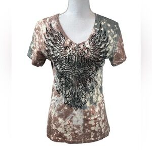 Affliction Rhinestone Wings TieDye Y2K Grunge Braided Back Distressed Tee Size M